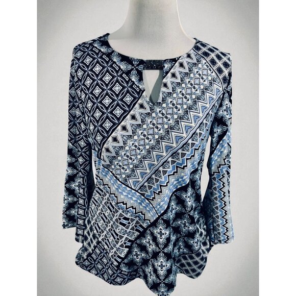 Boho Indie Retro Womens Blue Pattern Keyhole Blouse Quarter Sleeve Casual Top M - Picture 3 of 8